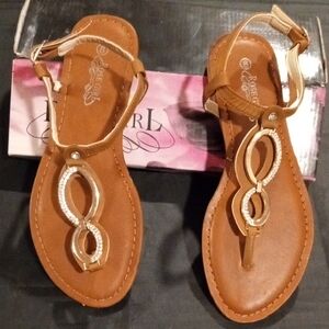 Camel T Strap Flats  Sandals with Gold Details